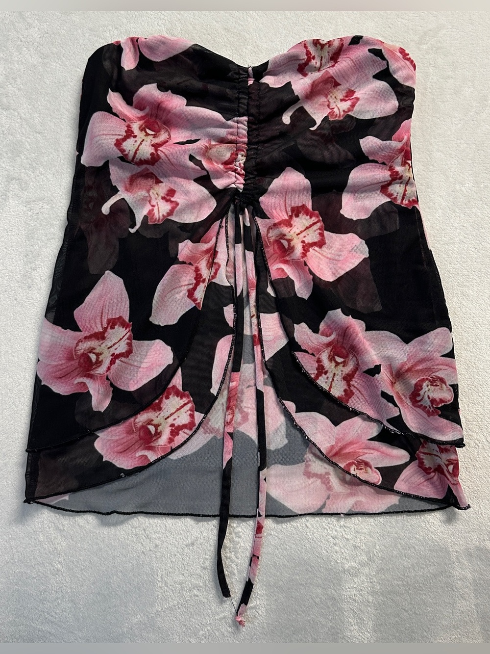 STREETWEAR SOCIETY women's black pink floral mesh ruched flowy sleeveless top, S